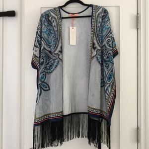 Peachpuff velvet printed kimono with fringe